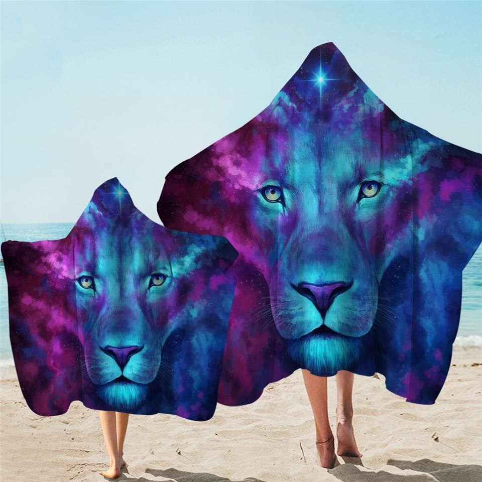 Purple And Blue Nebula Lion Printed Hooded Towel