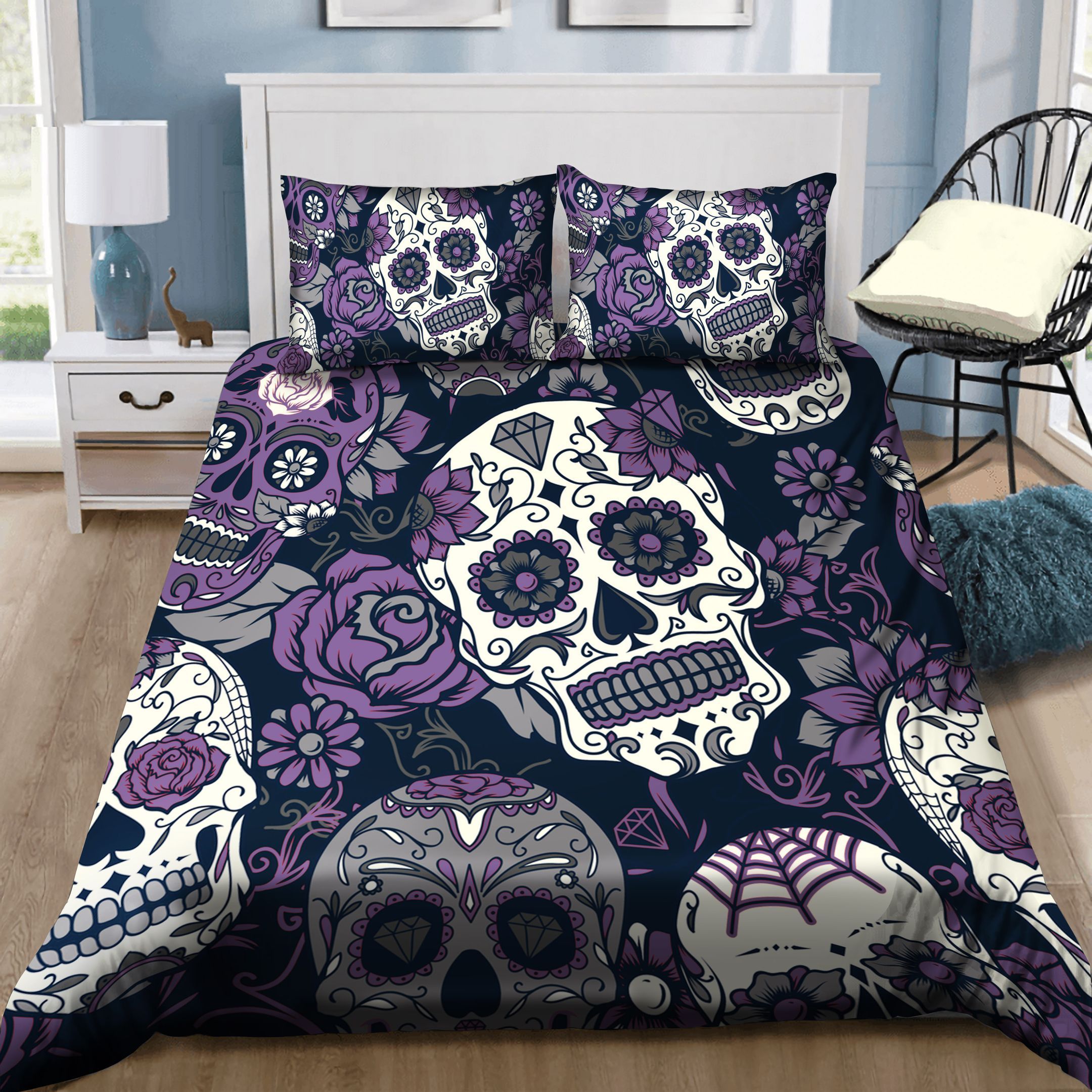 Purple And Grey Sugar Skull And Rose Bedding Set