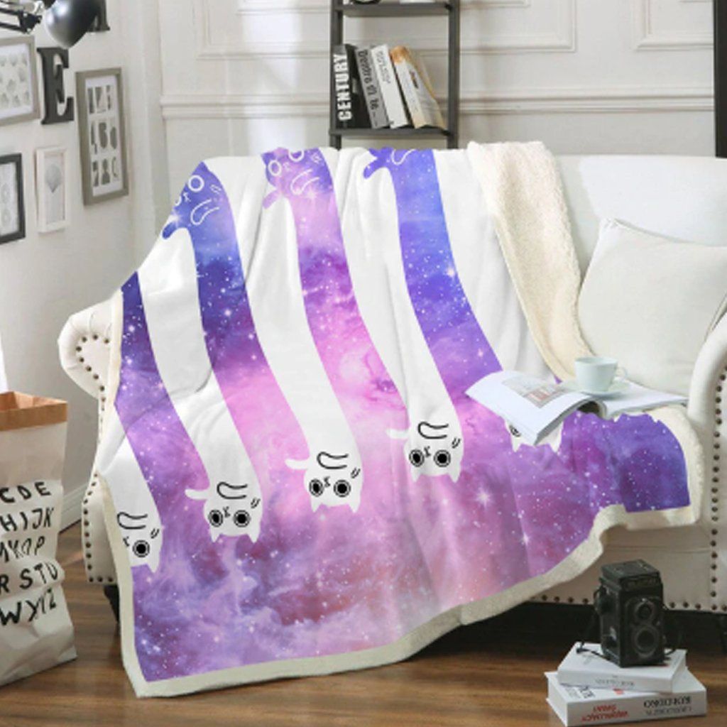 Purple And White Space Cat Sherpa Fleece Blanket