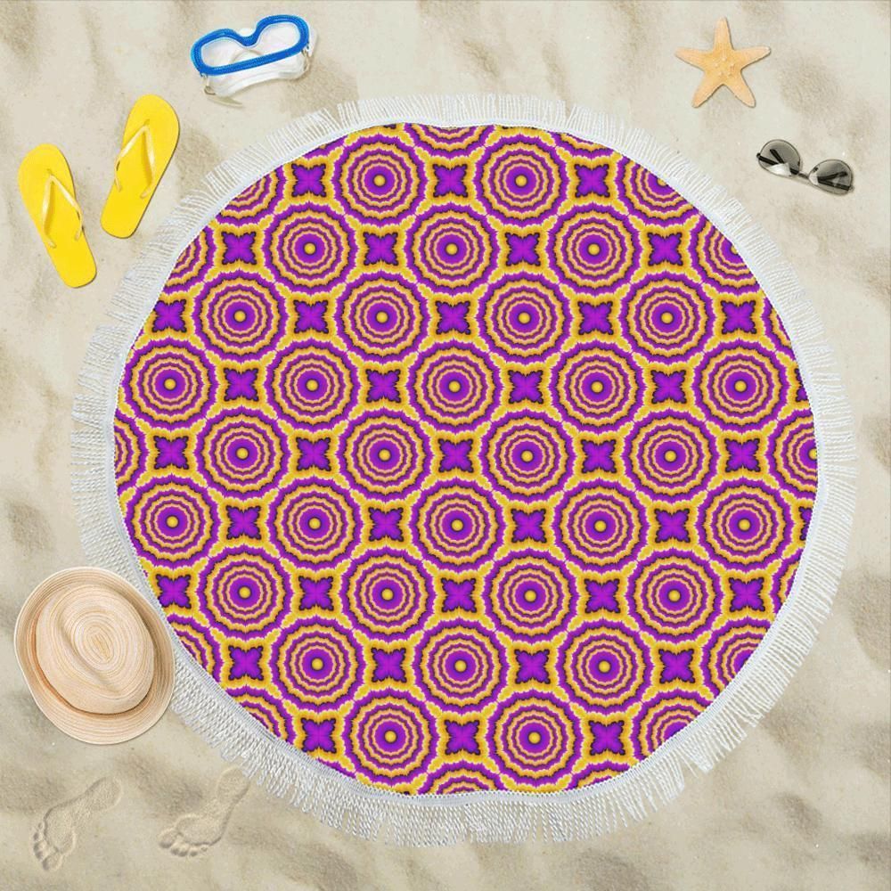 Purple And Yellow Optical Illusion Expansion Printed Round Beach Towel