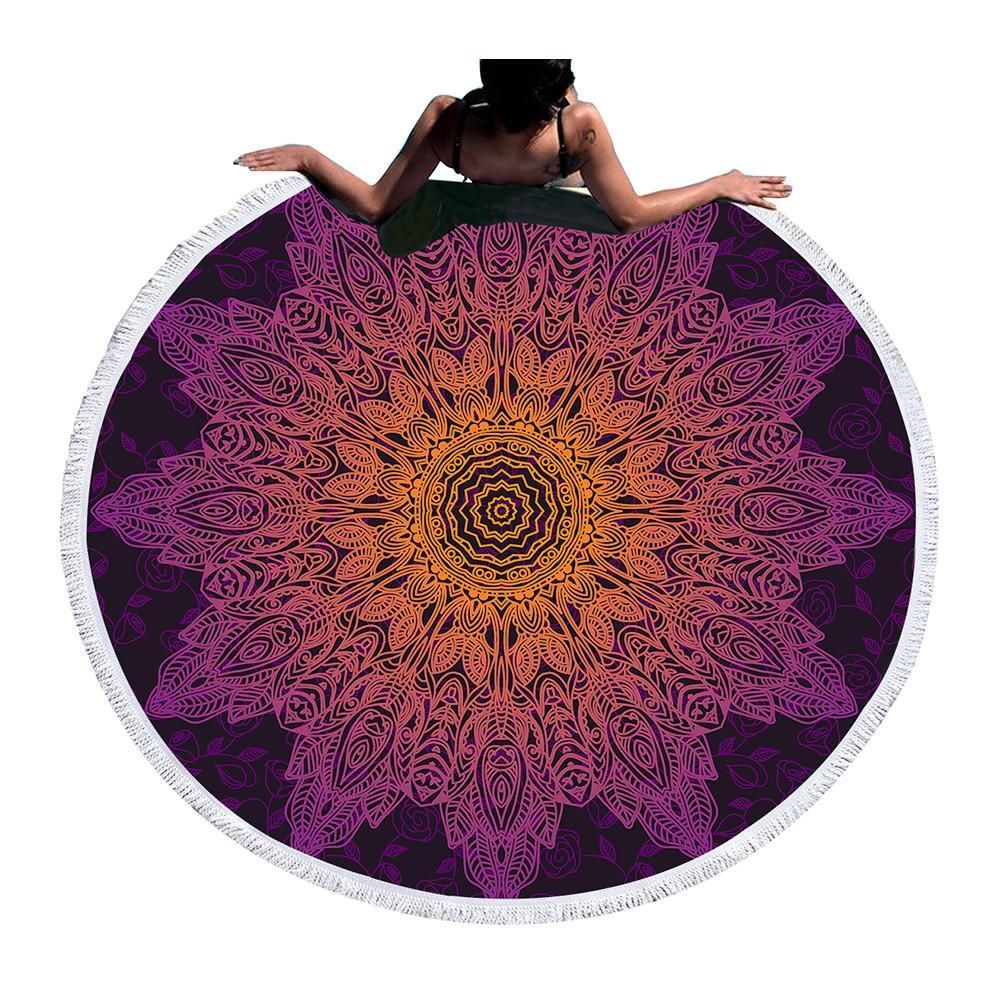 Purple Bohemian Flower Printed Round Beach Towel