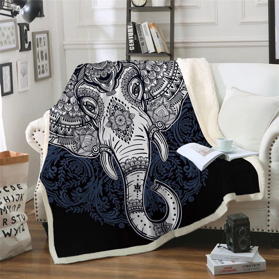 Purple Boho Elephant Mandala Sherpa Fleece Blanket