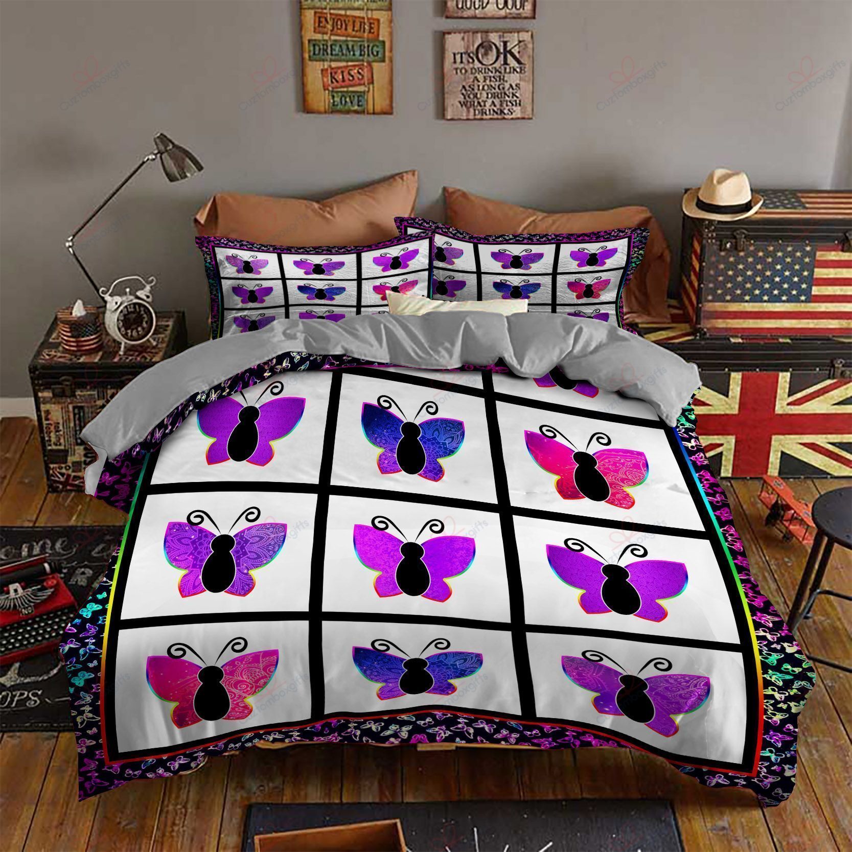 Purple Butterflies Printed Bedding Set