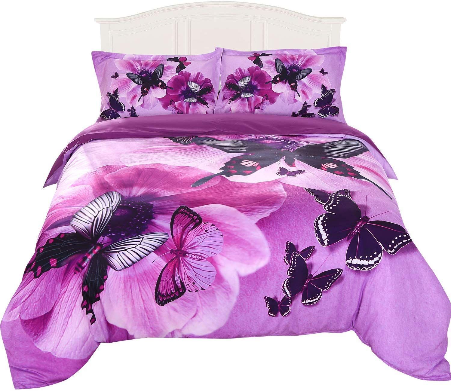 Purple Butterfly And Flower Bedding Set