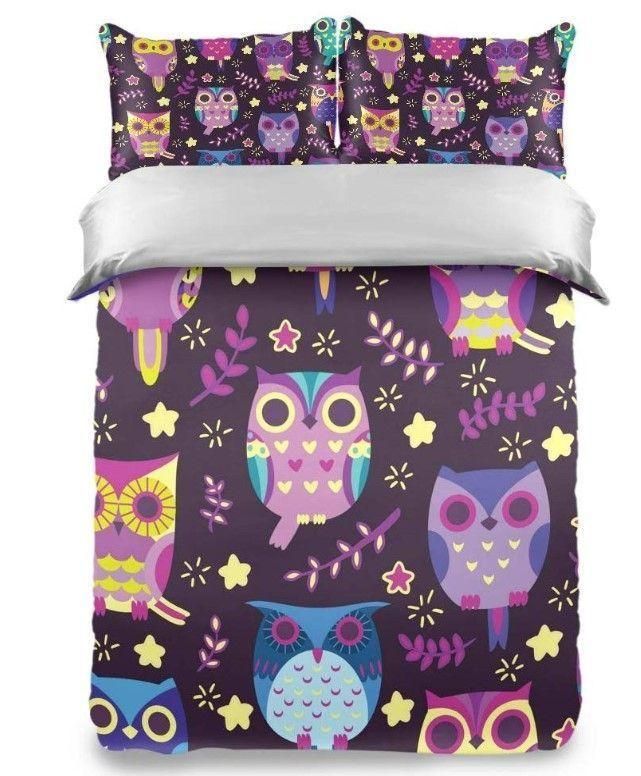Purple Cartoon Owl And Leaves Bedding Set