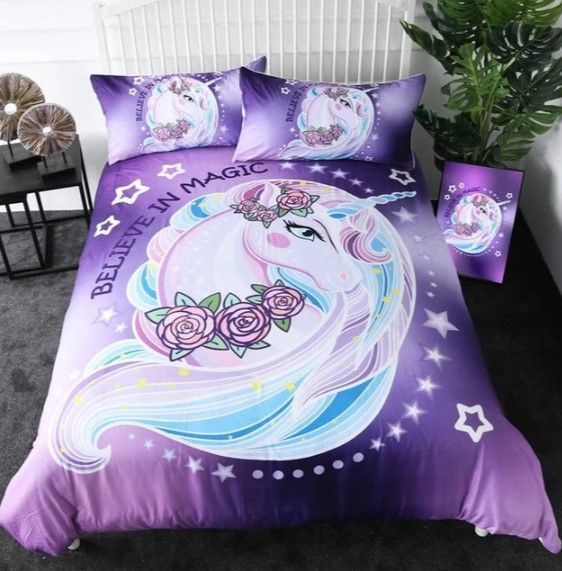 Purple Cartoon Unicorn Floral Bedding Set