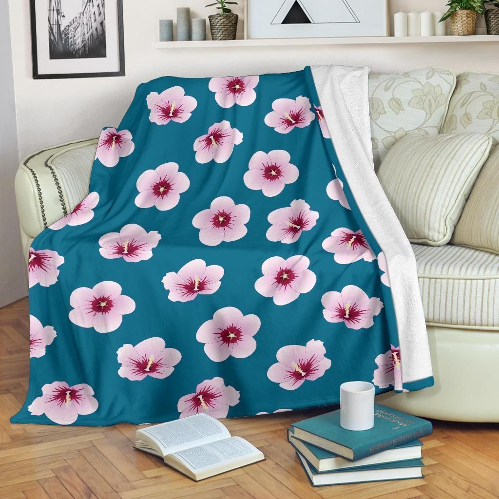 Purple Cherry Blossom Pattern Print Design Blue Fleece Blanket