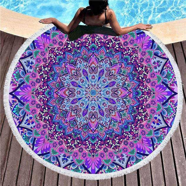 Purple Cosmic Bohemian Printed Round Beach Towel