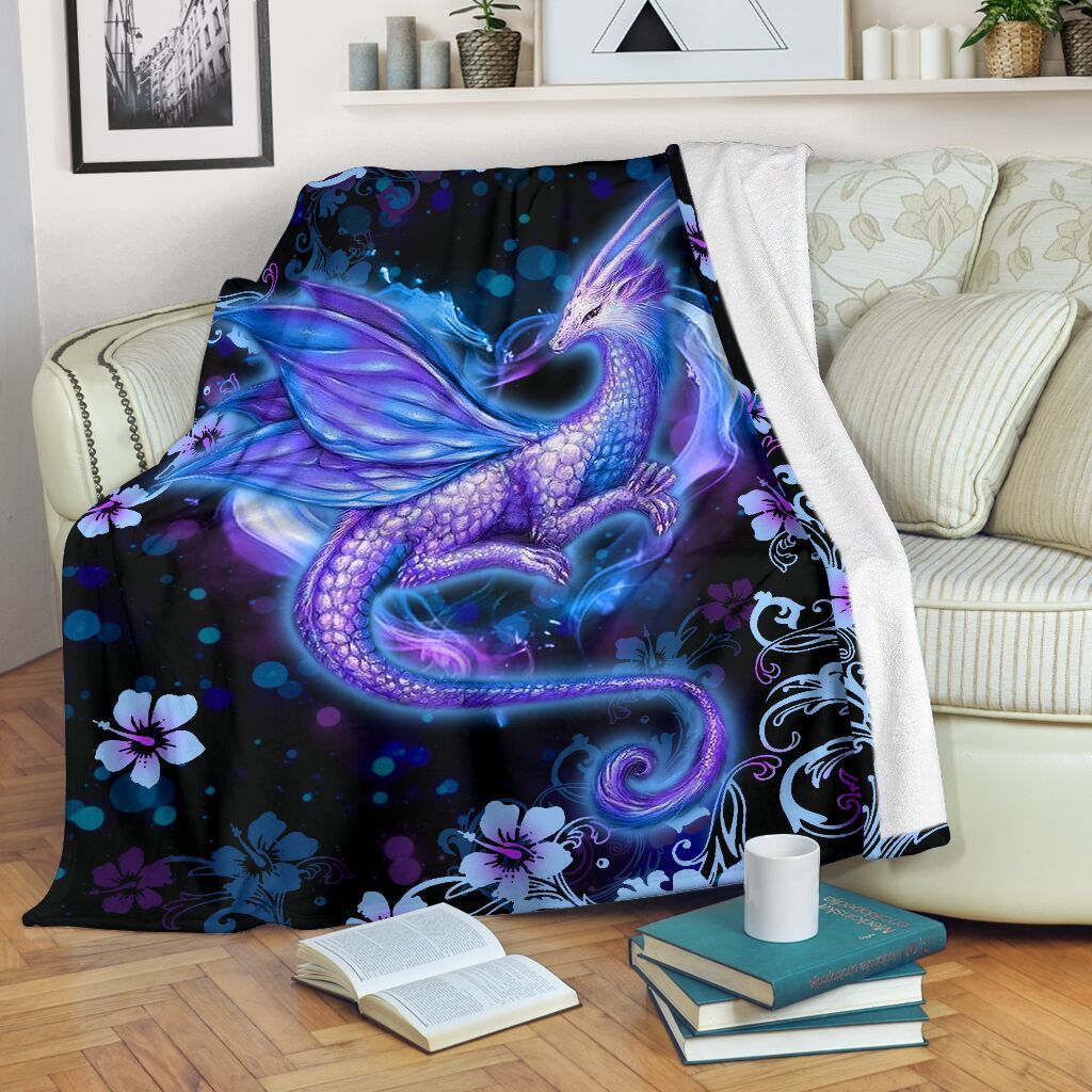 Purple Dragon And Flowers Gift For Dragon Lovers Fleece Blanket Fleece Blanket