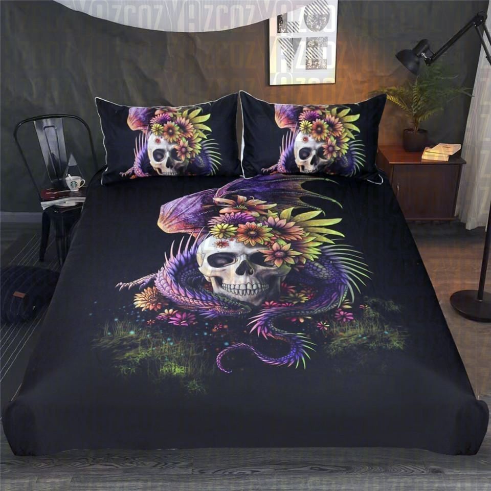 Purple Dragon Floral Skull Bedding Set
