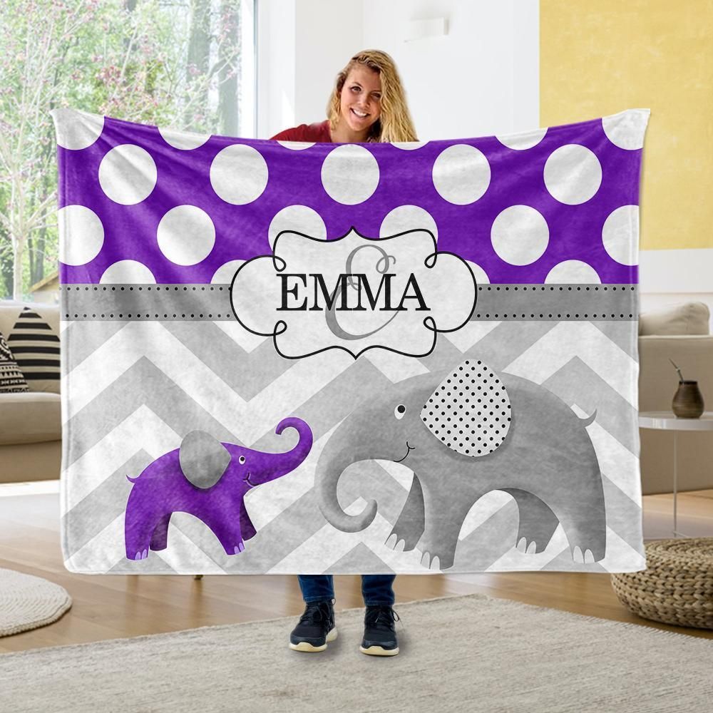 Purple Elephant Gift For Kids Custom Name Fleece Blanket