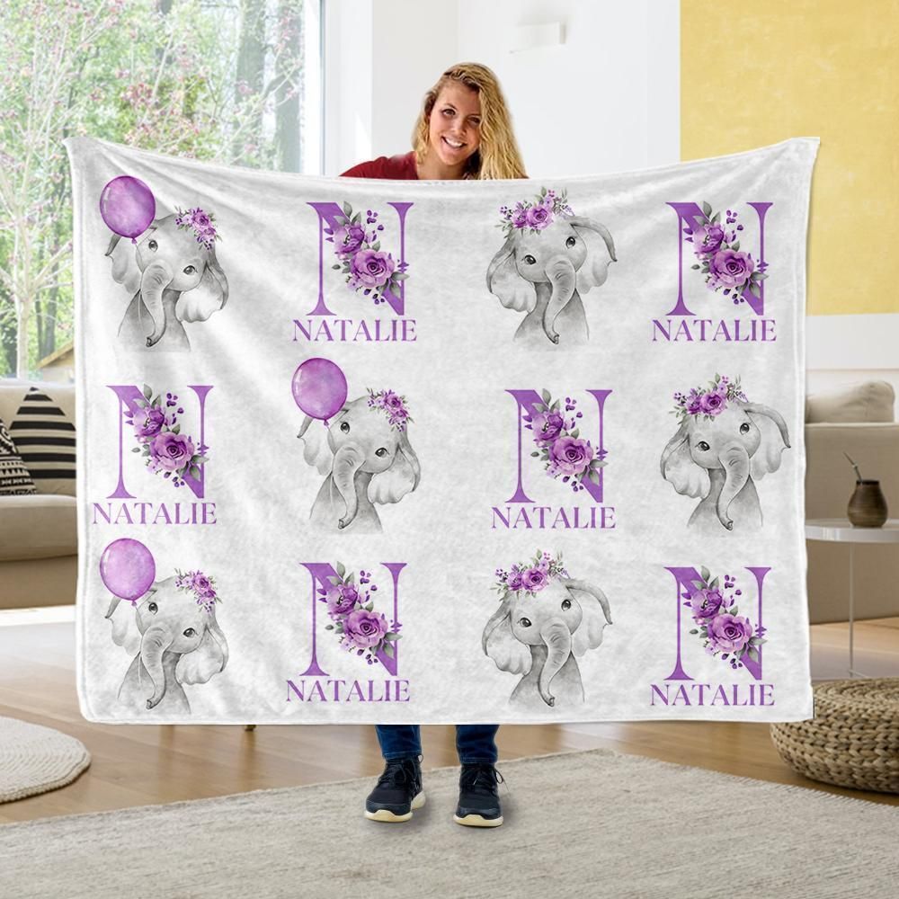 Purple Floral Baby Elephants Natalie Name Fleece Blanket