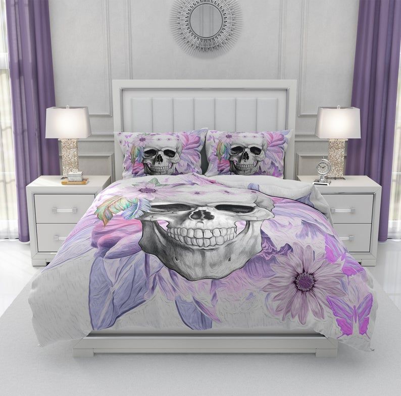 Purple Floral Boho Skull Bedding Set
