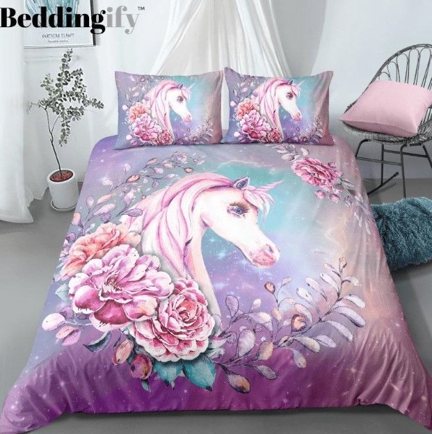Purple Floral Unicorn Bedding Set