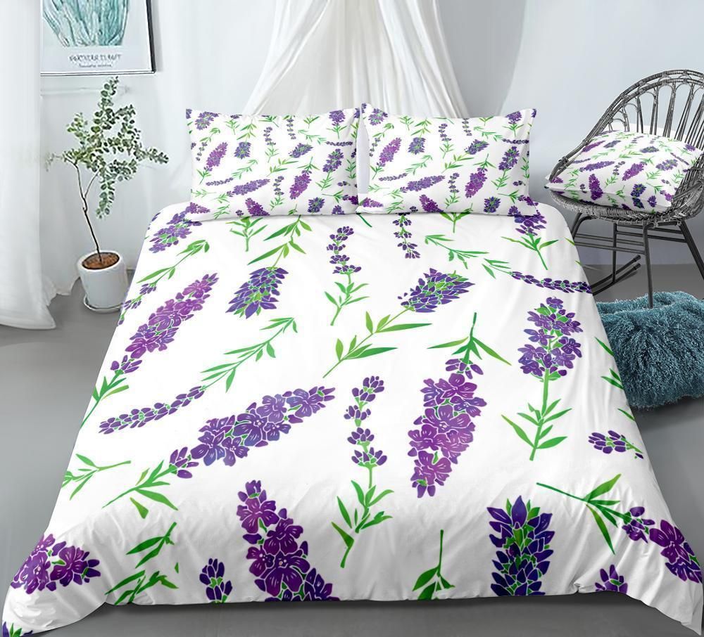 Purple Flowers On White Bedding Set