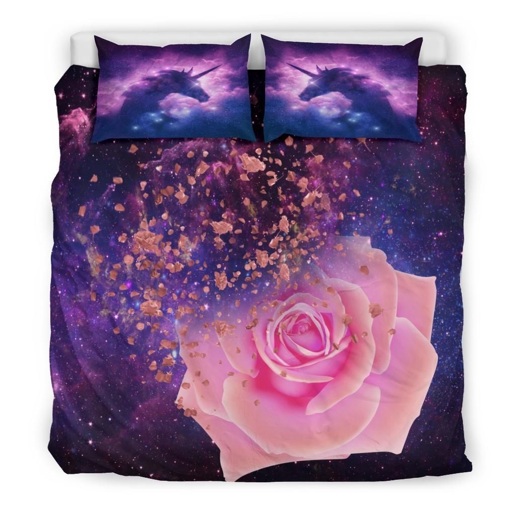 Purple Galaxy Unicorn Rose Bedding Set