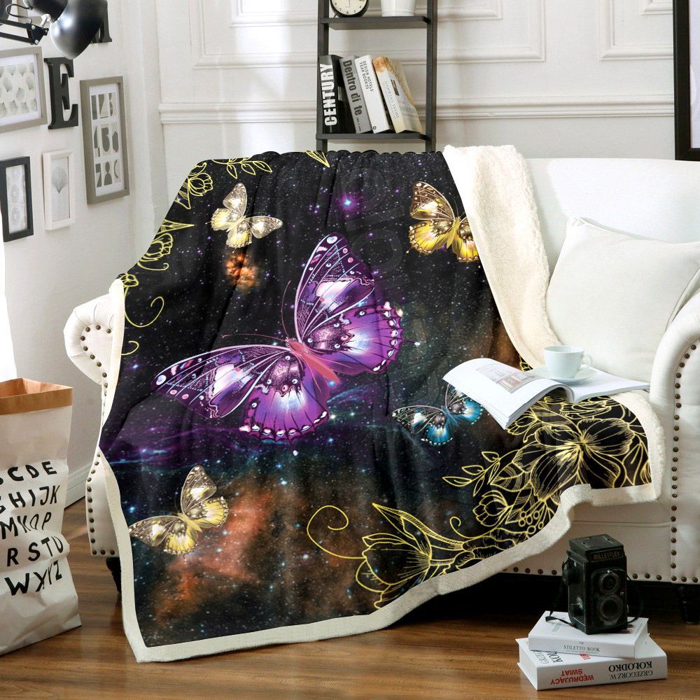Purple Gold Butterfly Sherpa Fleece Blanket