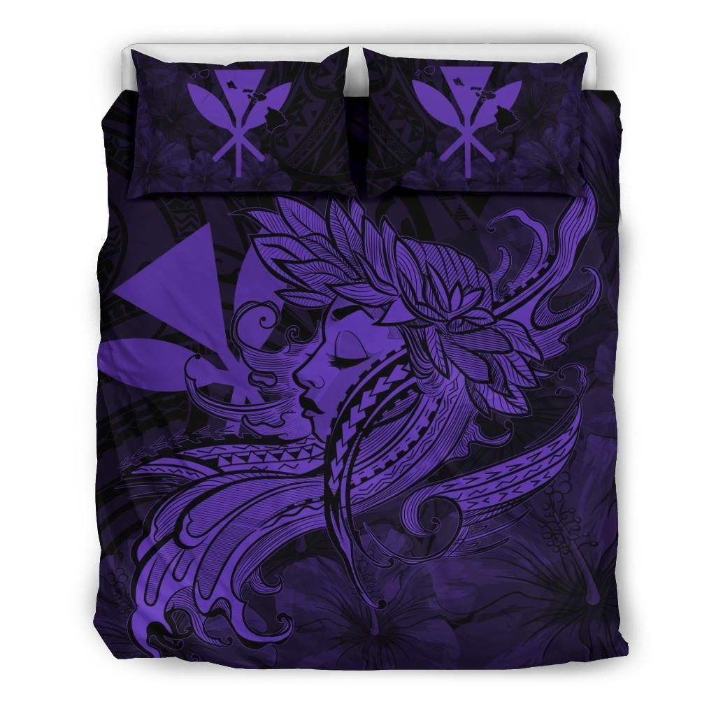 Purple Hawaiian Map Hula Girl Hibiscus Kanaka Polynesian Bedding Set