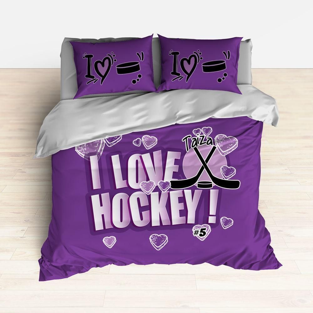 Purple Personalized I Love Hockey Bedding Set