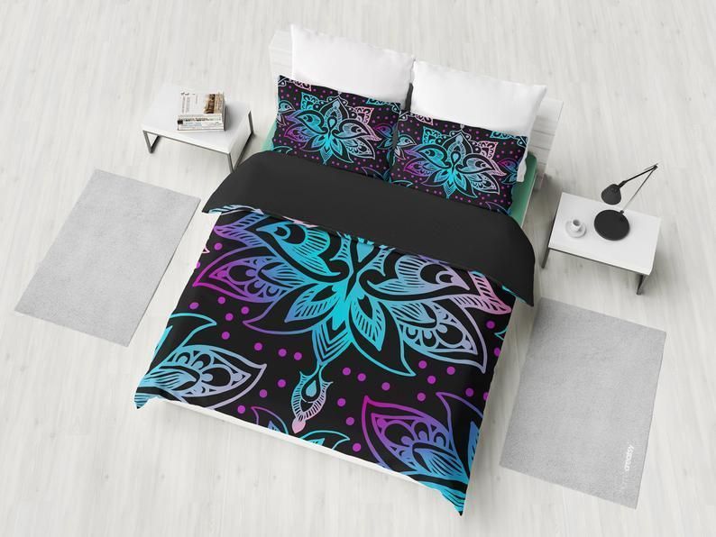Purple Pink Blue Floral Black Bedding Set