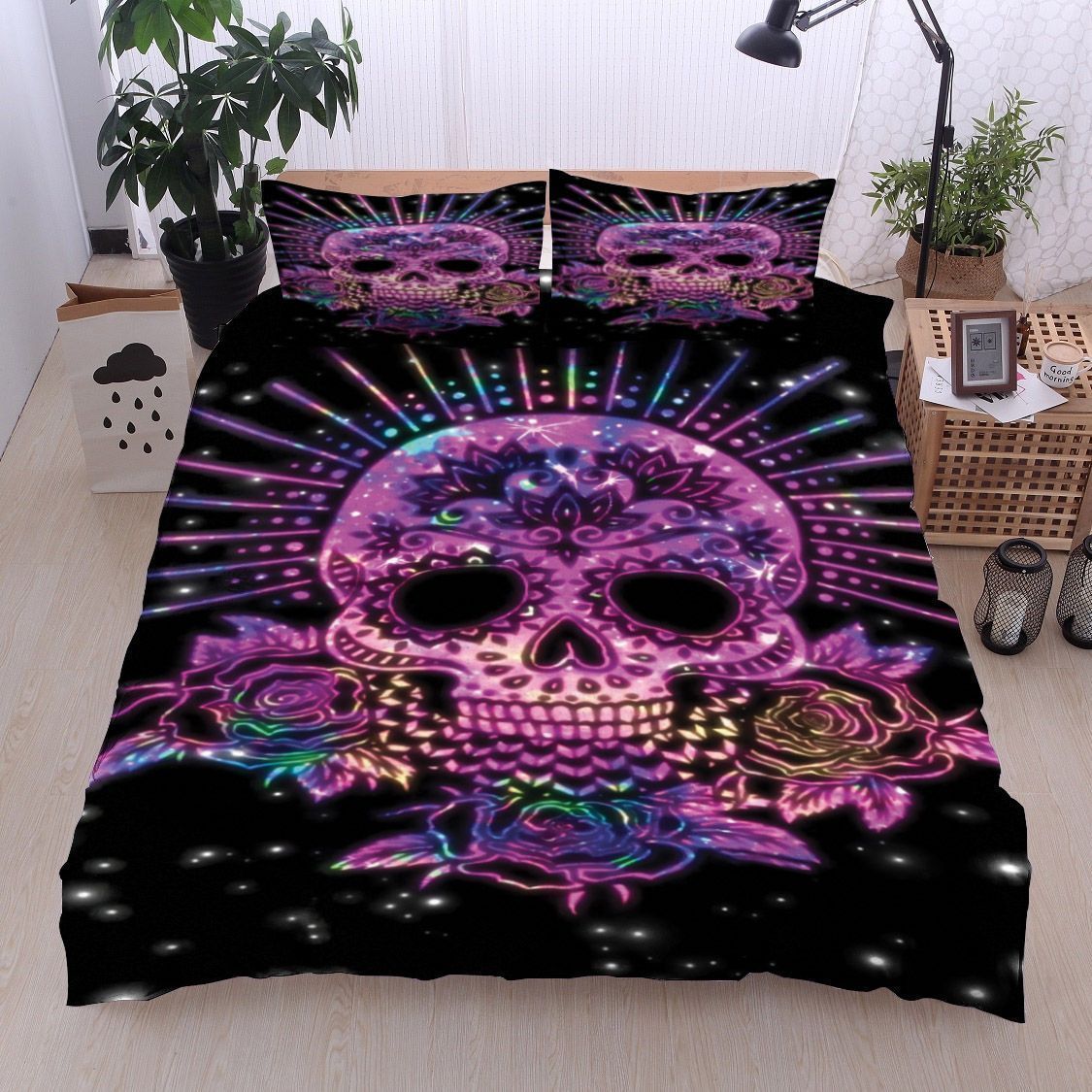 Purple Rose Skull Day Of The Dead Bedding Set