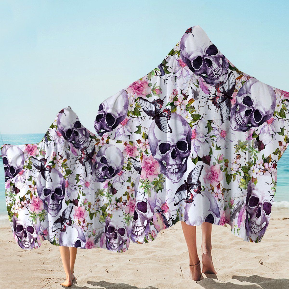 Purple Skull And Flowers Pattern Printed Hooded Towel