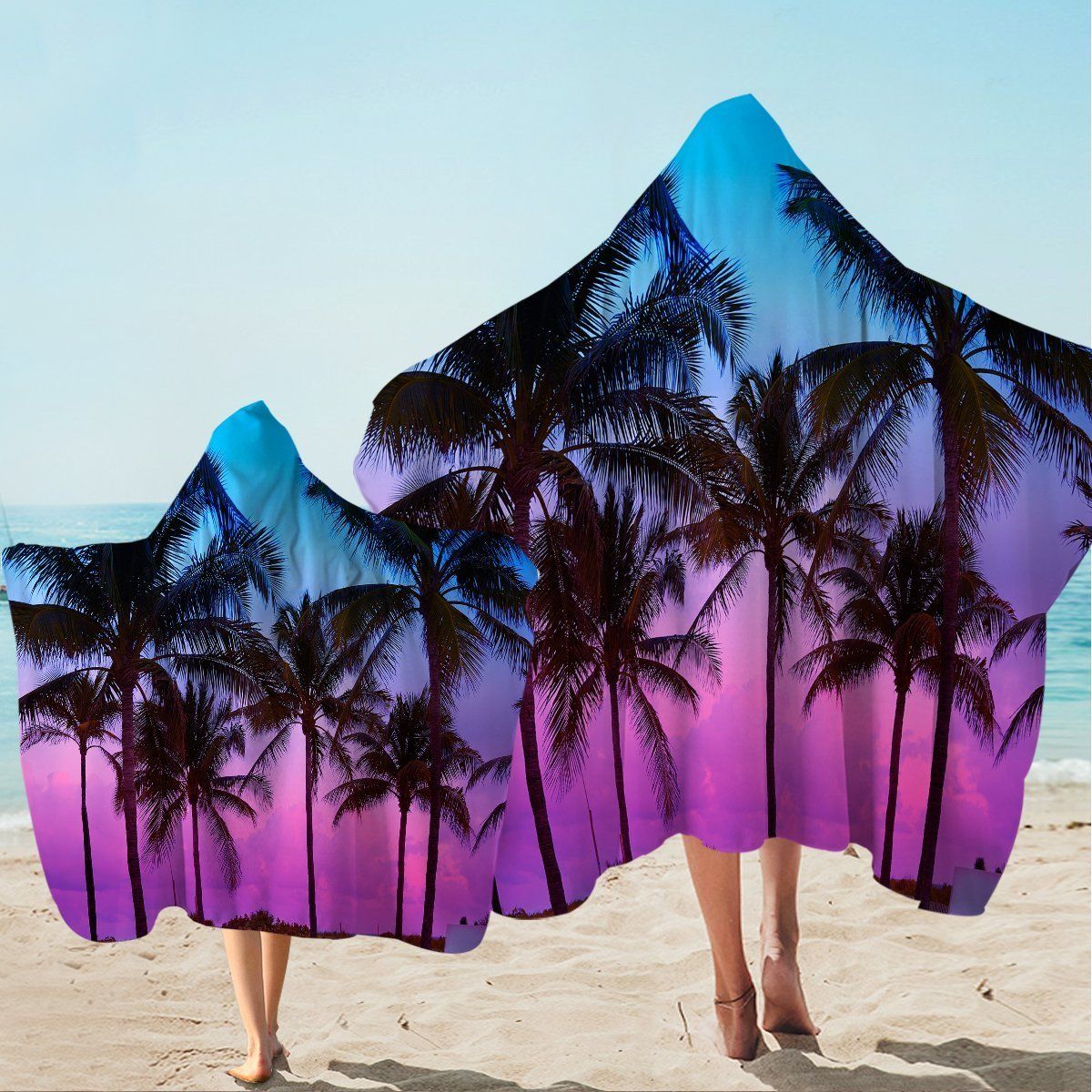 Purple Sky And Palm Tree Printed Hooded Towel