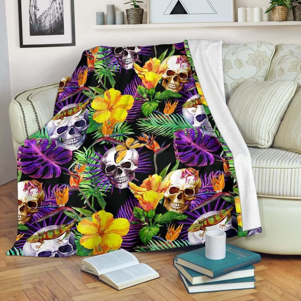 Purple Tropical Skull Sherpa Fleece Blanket