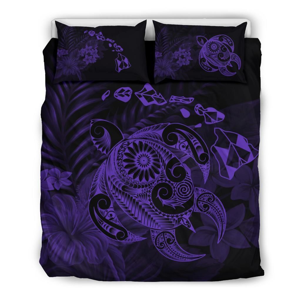 Purple Turtle Tattoo Hibiscus Plumeria Polynesian Bedding Set