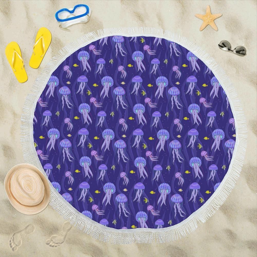 Purplish Jellyfish Style Printed Round Beach Towel