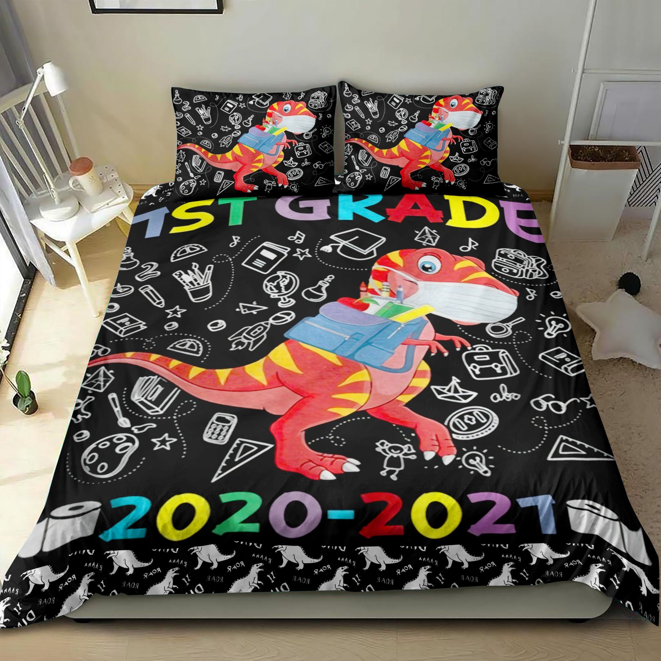 Quarantine Dinosaur 1st Grade Back To School Bedding Set