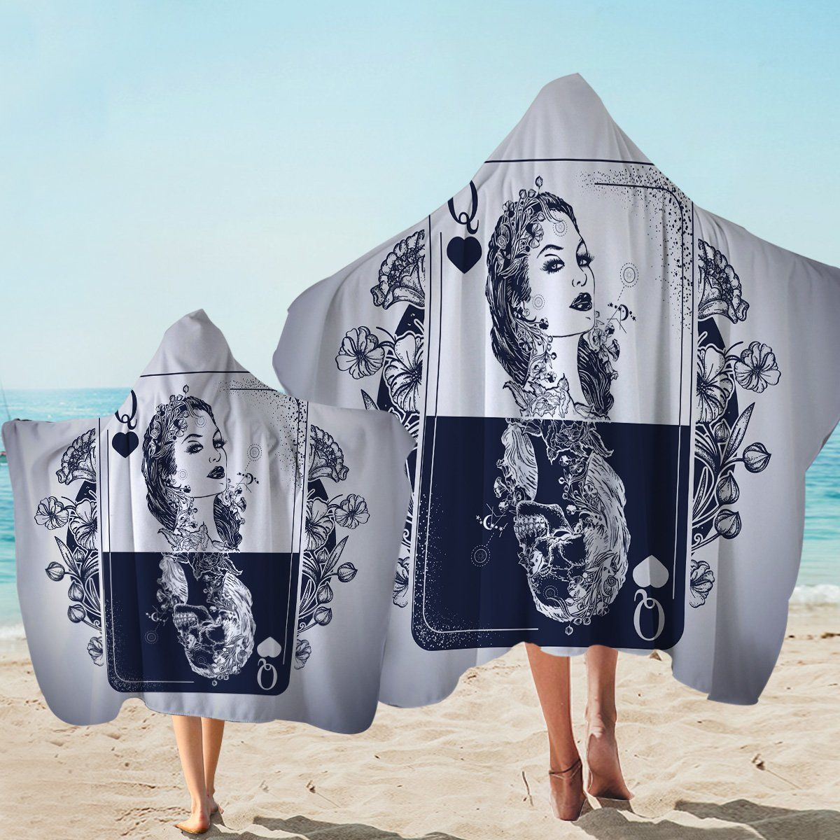 Queen Card Blue And White Printed Hooded Towel