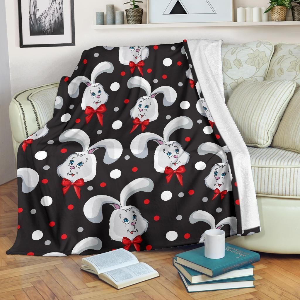 Rabbit With Red Ribbon Pattern Print Design Black Soft Fleece Blanket