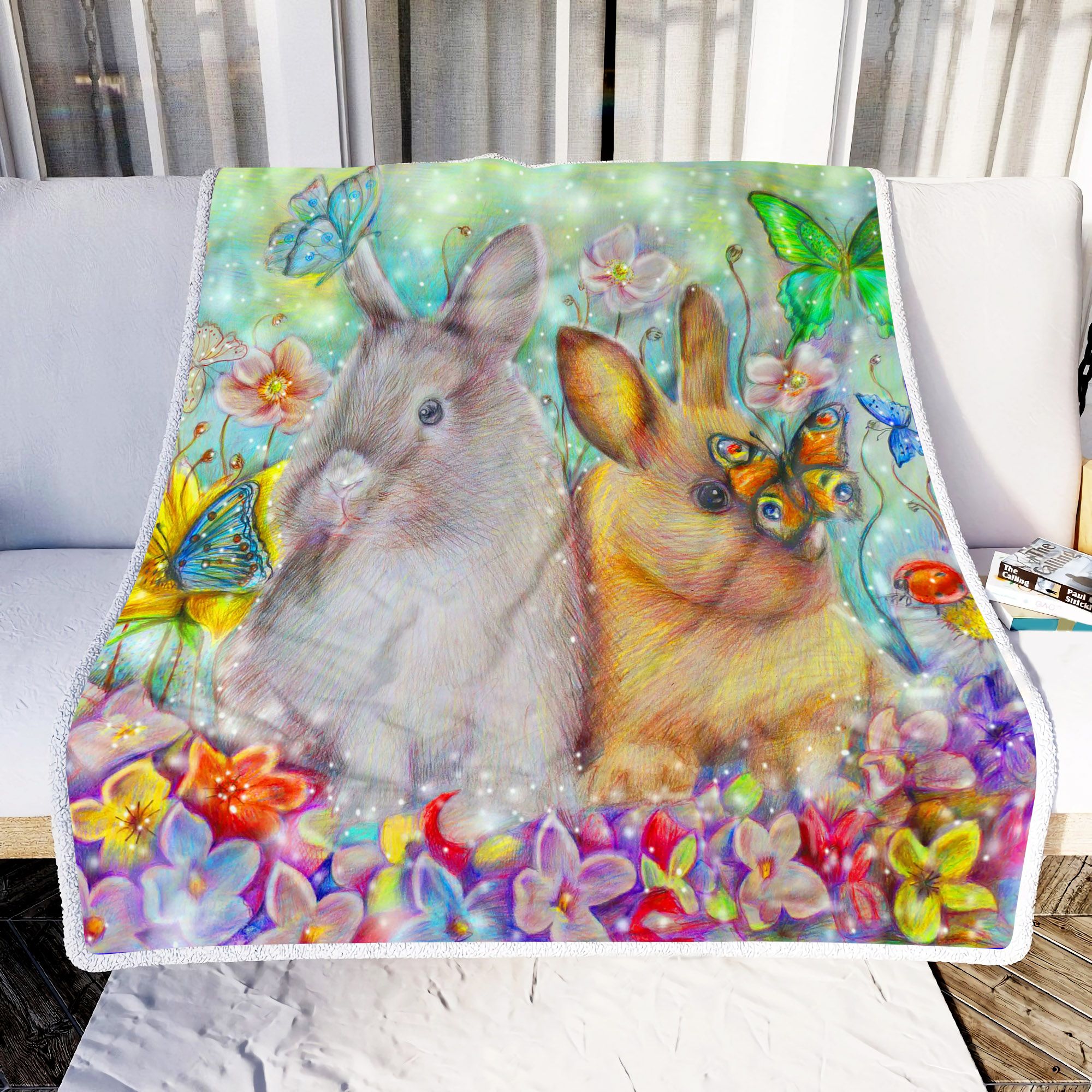 Rabbits And Butterflies Fleece Blanket