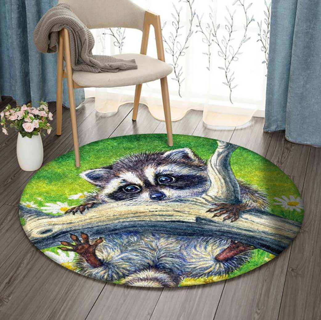 Raccoon In Flower Garden Round Carpet