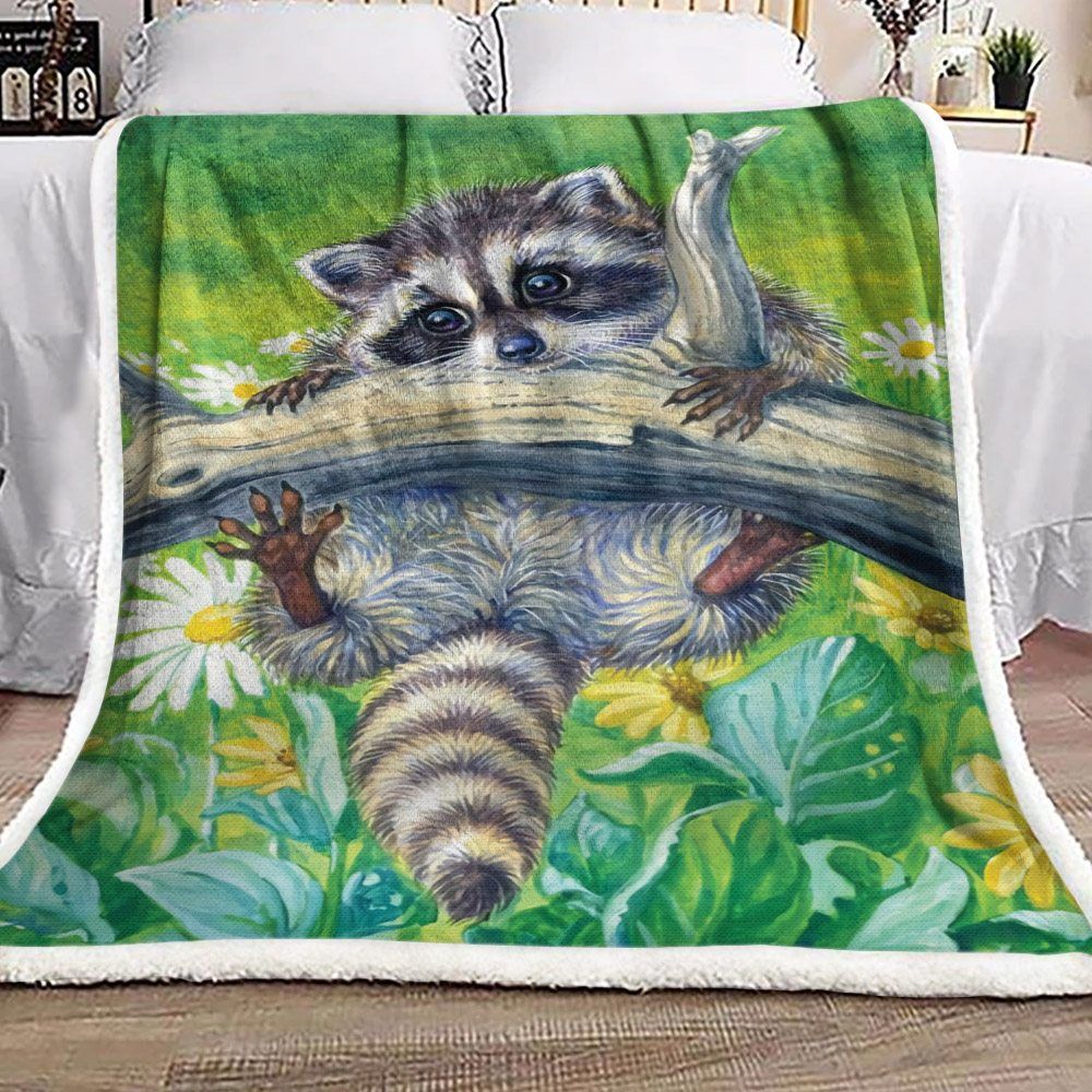 Raccoon In Flower Garden Sherpa Fleece Blanket