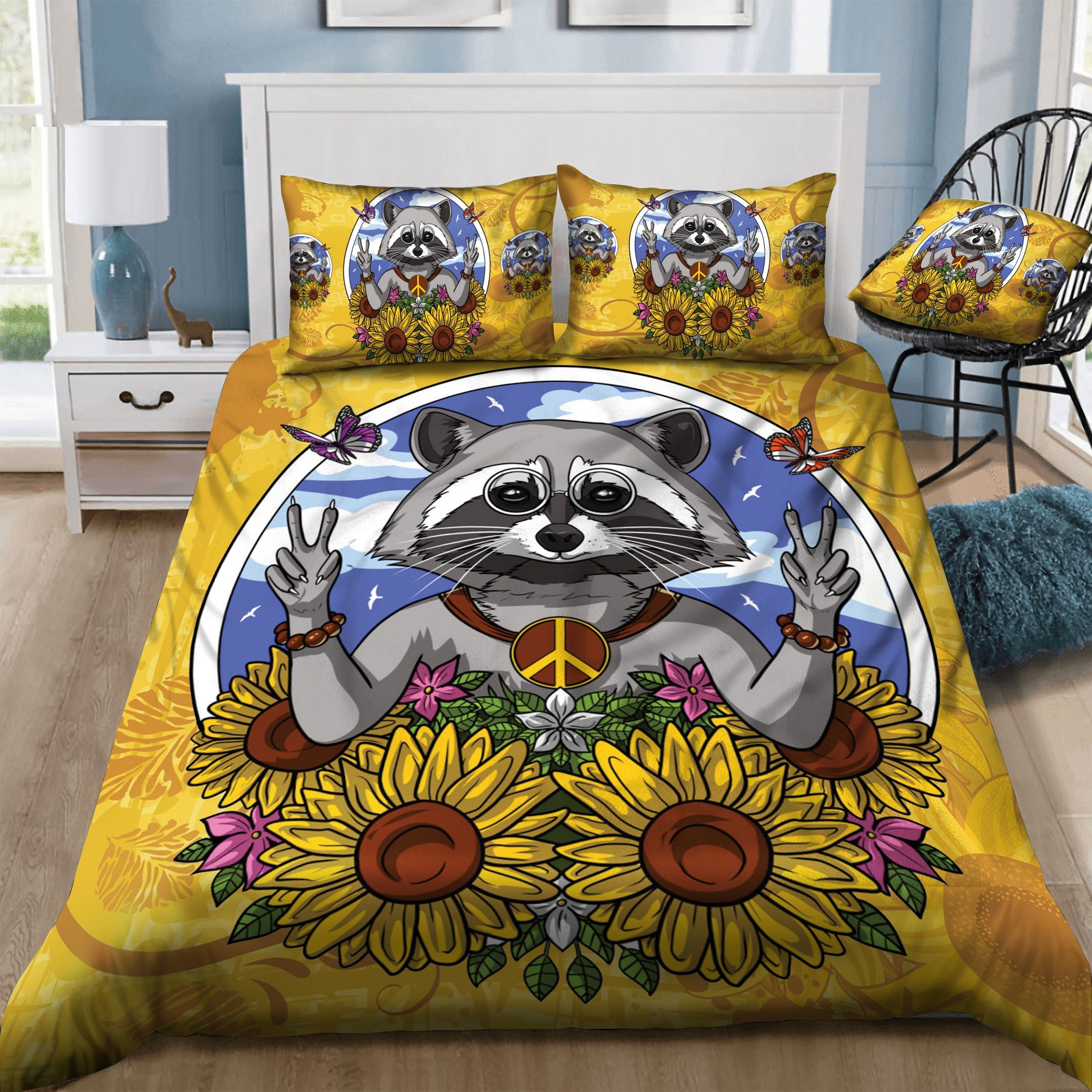 Raccoon Native American Sunflowers  Bedding Set