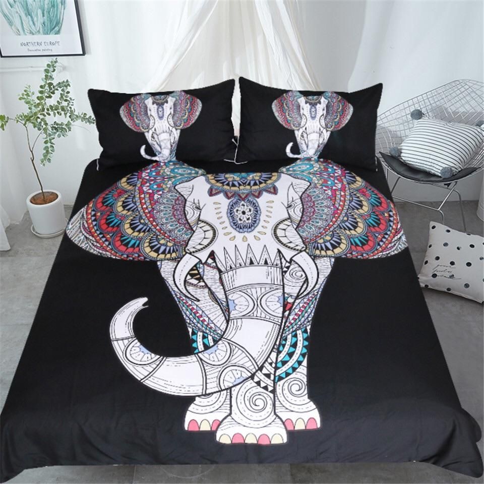 Rainbow Boho Elephant Mandala Bedding Set