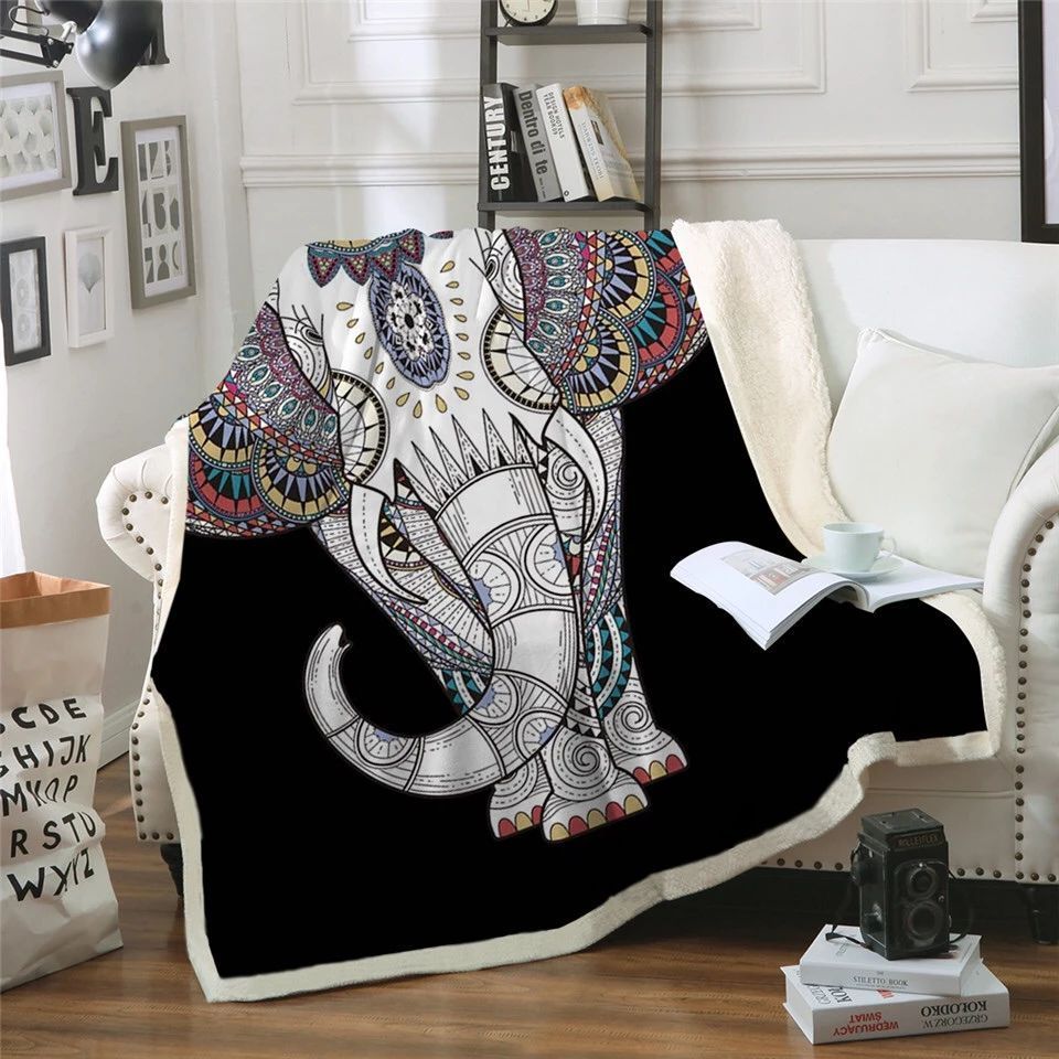 Rainbow Boho Elephant Mandala Sherpa Fleece Blanket