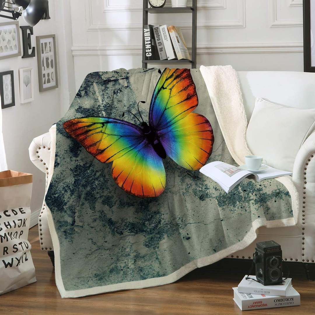 Rainbow Butterfly Sherpa Fleece Blanket