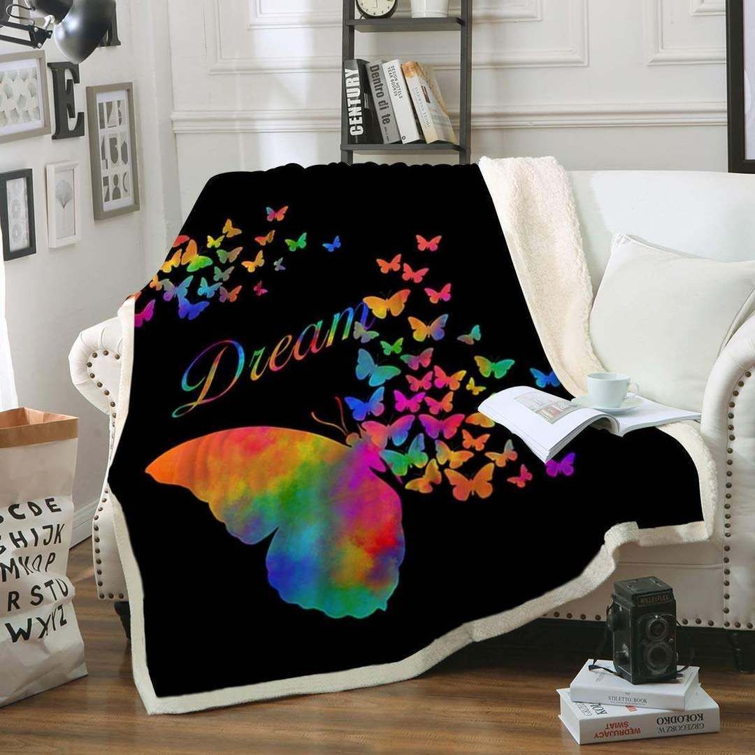 Rainbow Butterfly Sherpa Fleece Blanket