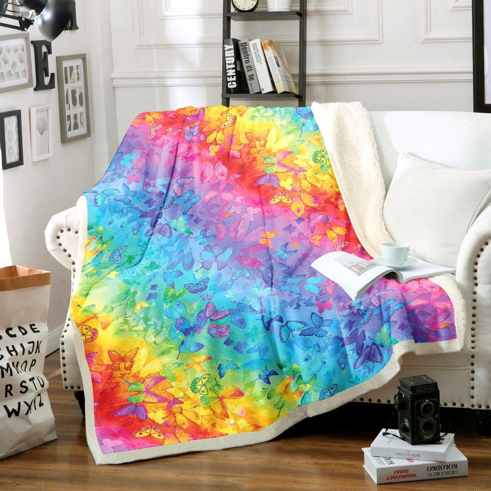 Rainbow Butterfly Sherpa Fleece Blanket
