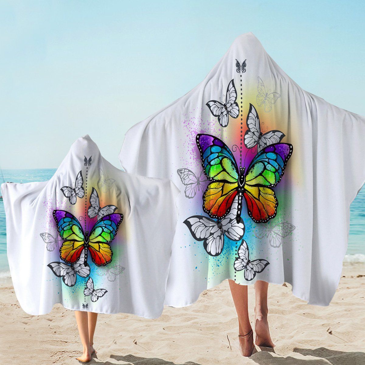 Rainbow Butterfly On White Printed Hooded Towel