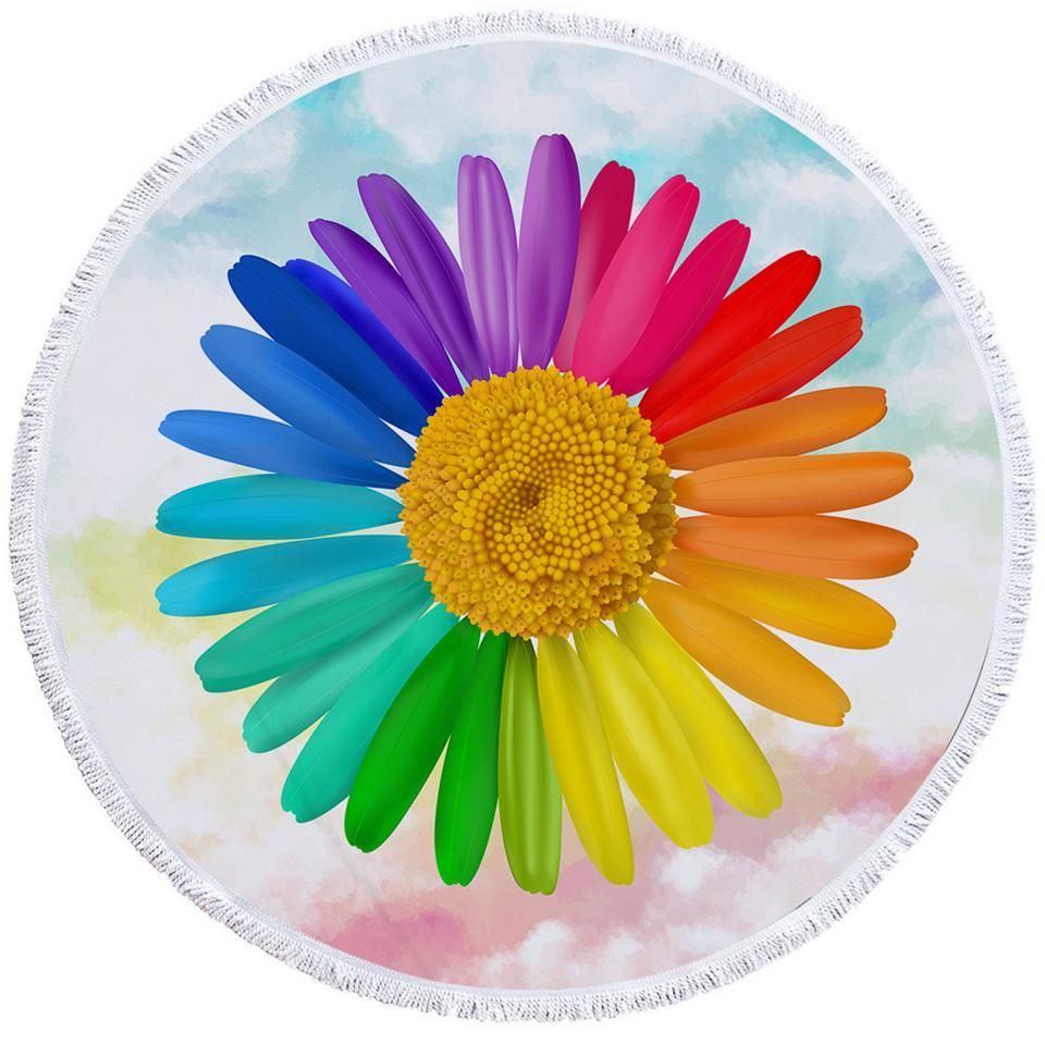 Rainbow Color Daisy Peaceful Round Beach Towel