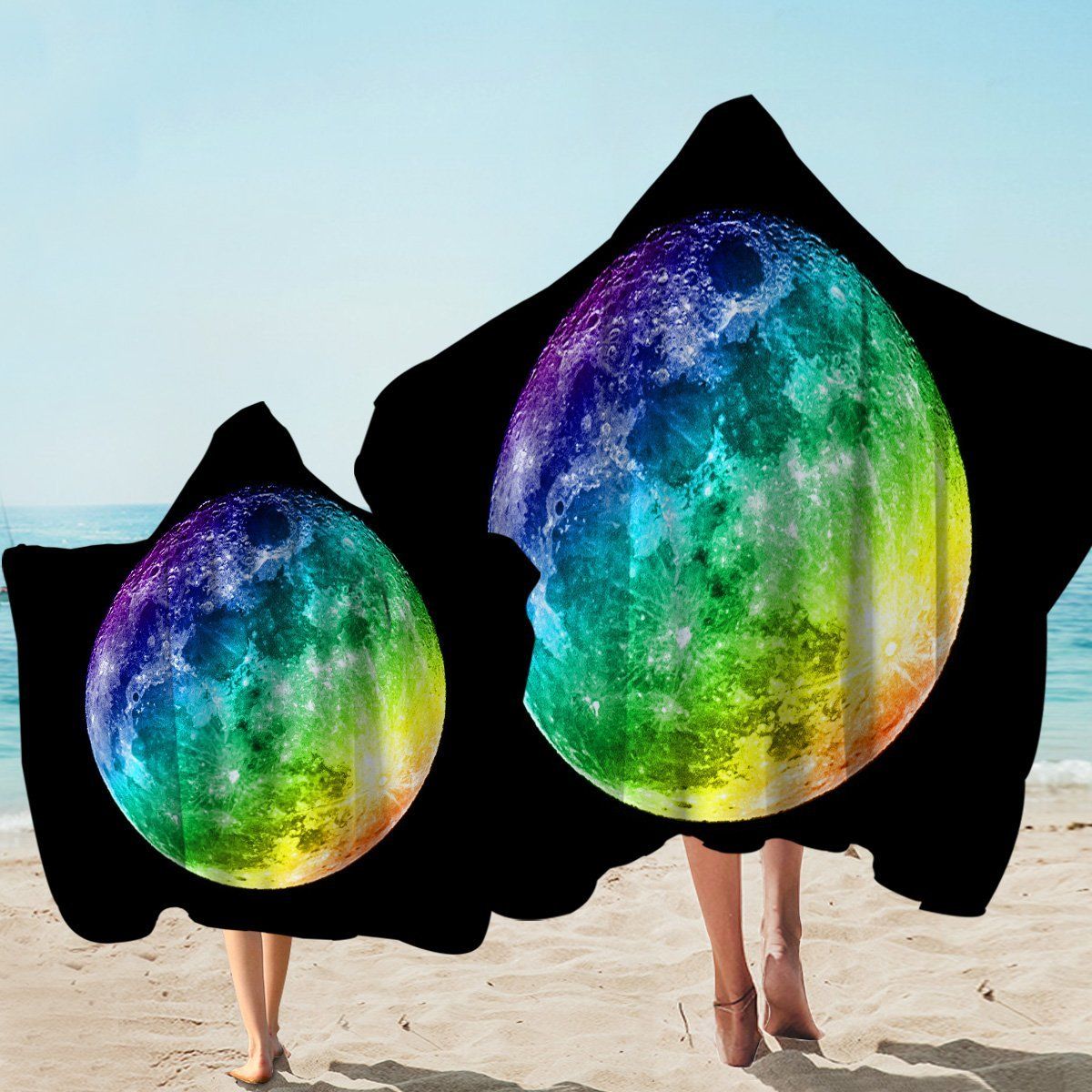 Rainbow Colors Moon On Black Printed Hooded Towel