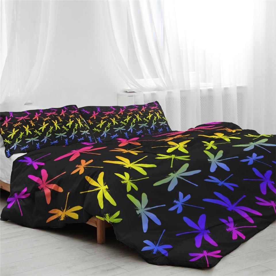 Rainbow Dragonflies Black Bedding Set