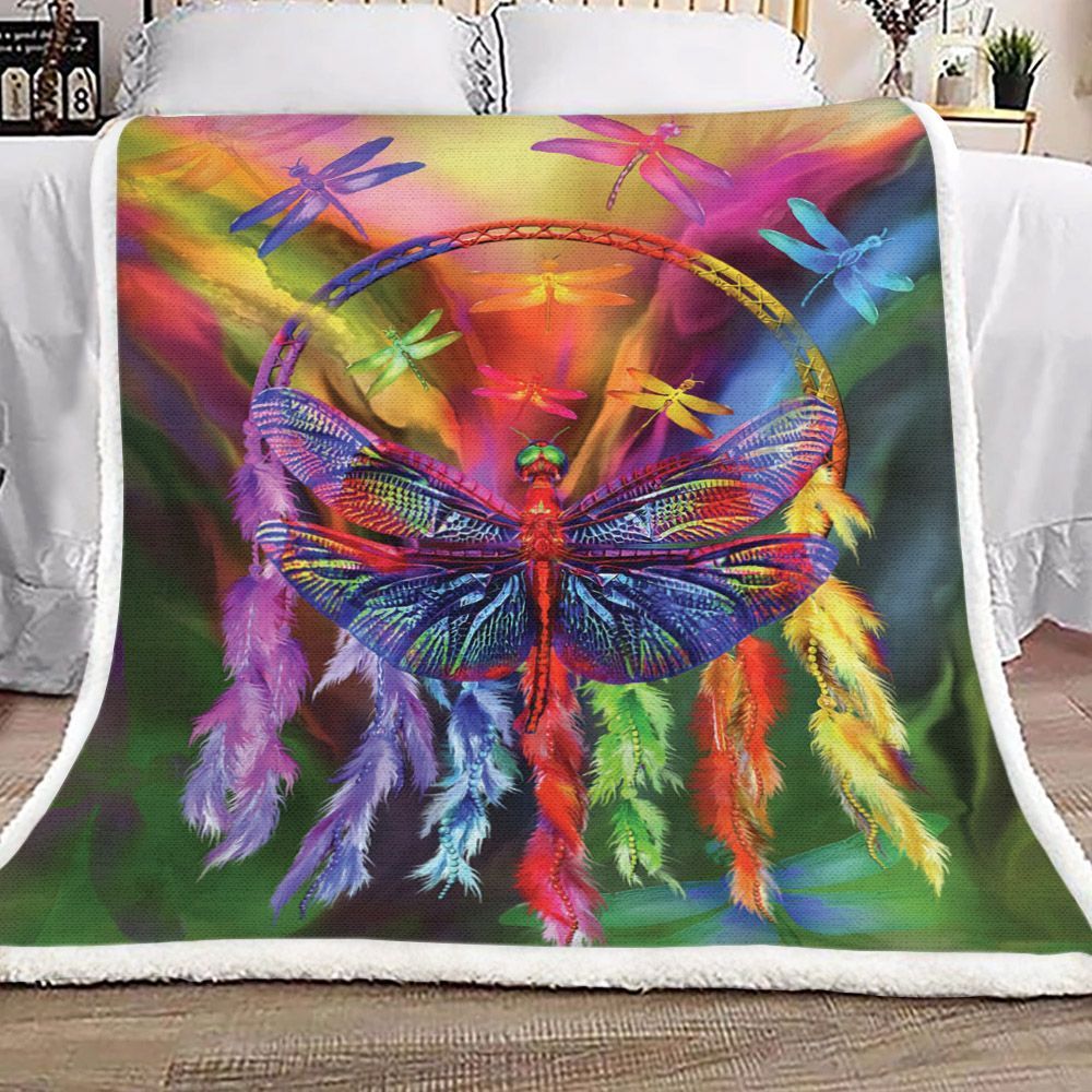 Rainbow Dragonfly Dream Catcher Sherpa Fleece Blanket