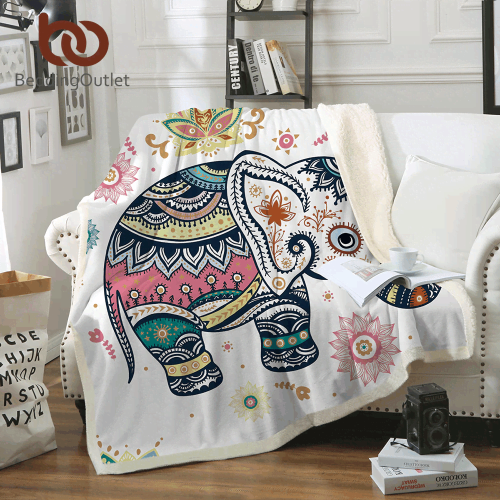 Rainbow Elephant Modern Line Art Sherpa Fleece