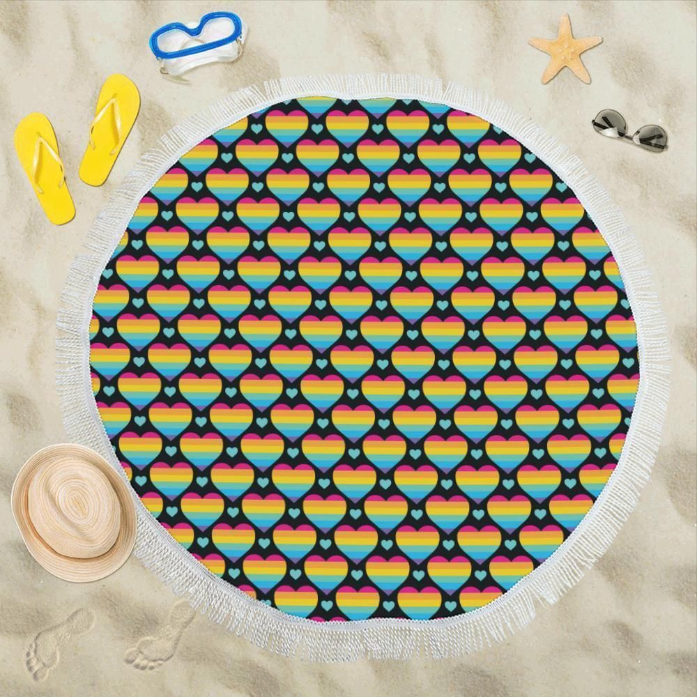 Rainbow Heart Print Pattern Round Beach Towel