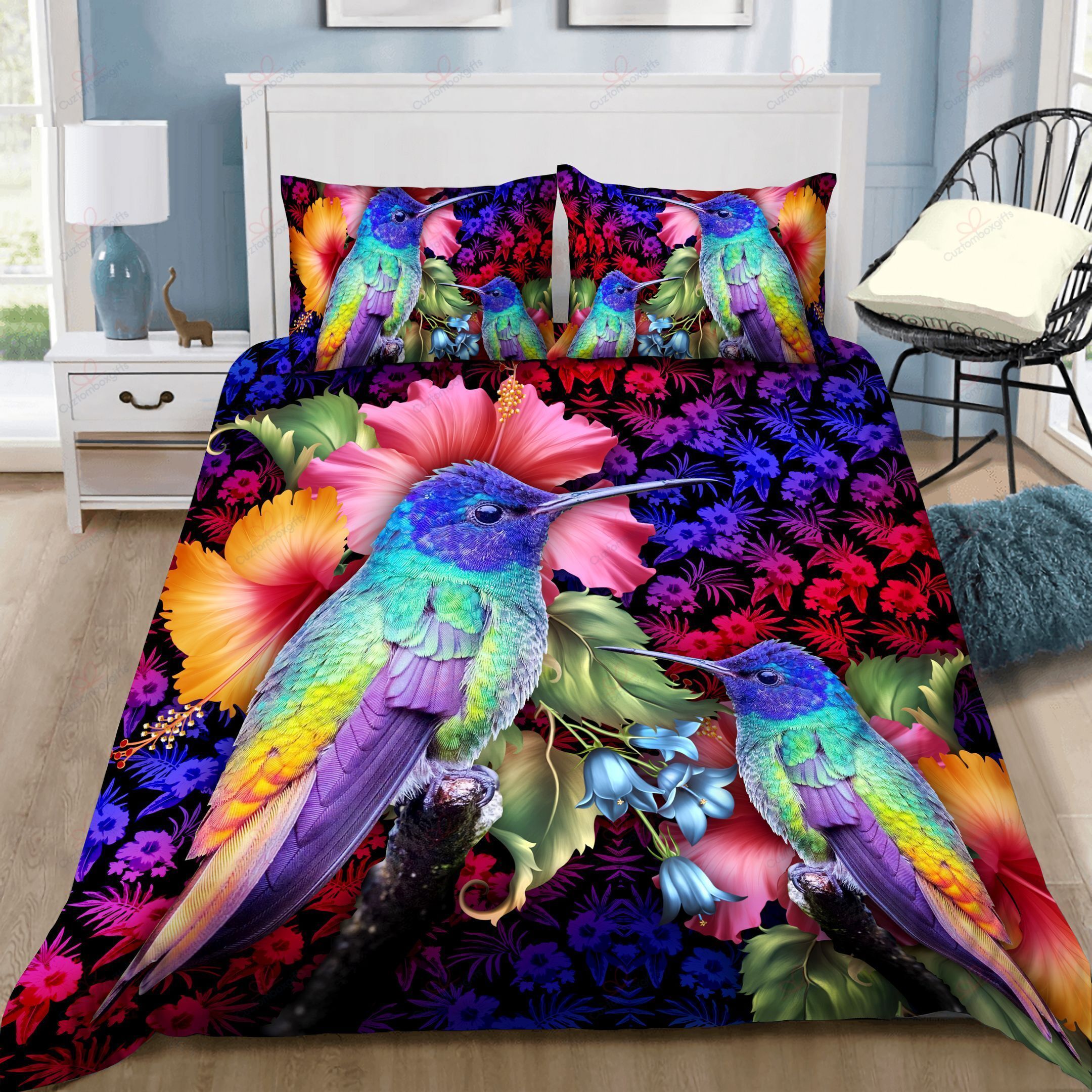 Rainbow Hummingbird Hibiscus Bedding Set